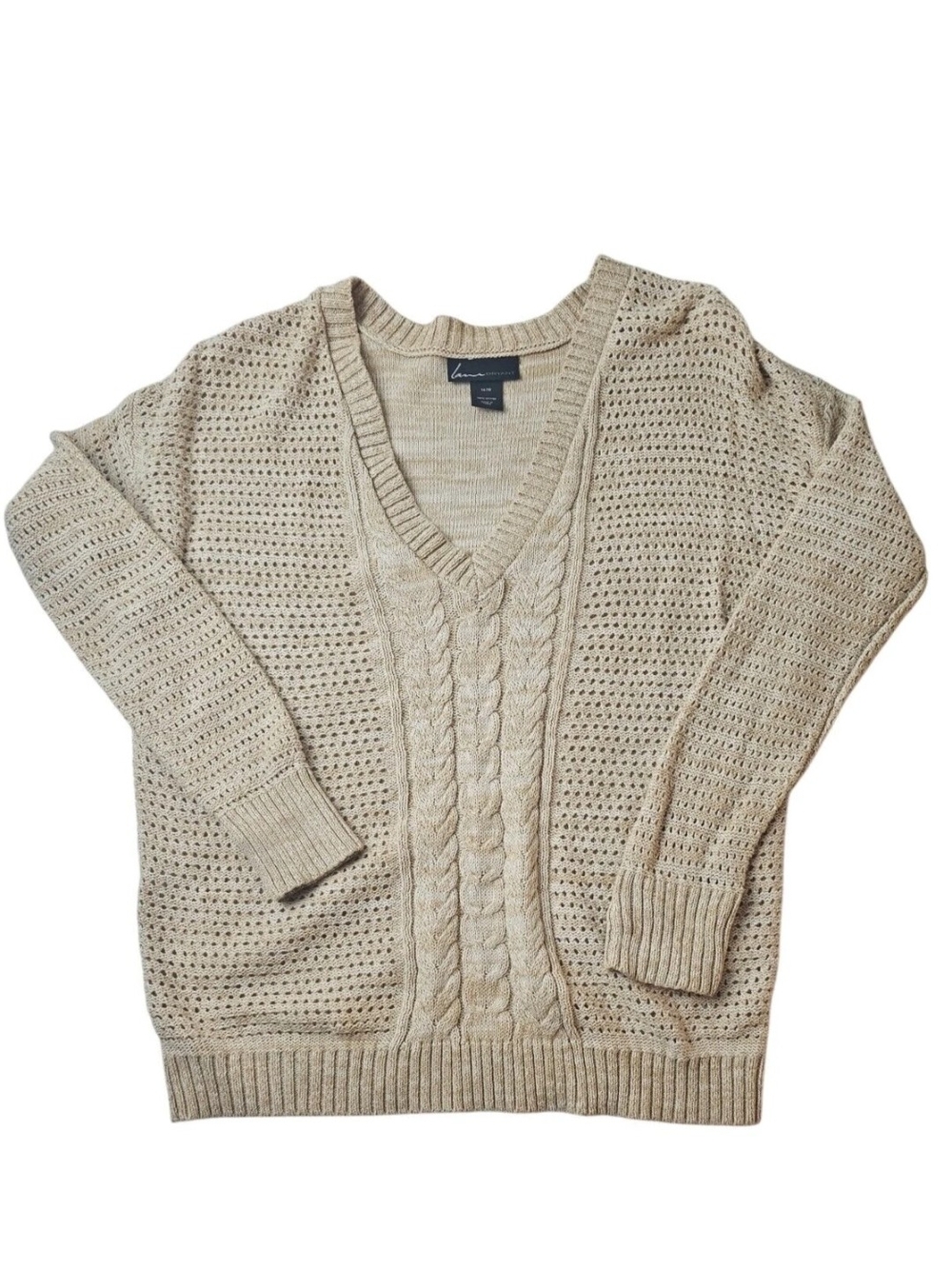 Lane Bryant Beige V-Neck Cable & Open Knit Sweater